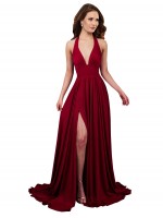 Discount A-Line Halter Plunge V-Neckline Open Back Spandex Bridesmaid Dress with Slit