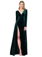 Discount Deep V-Neck Long Sleeves Velvet Bridesmaid Dress with High Side Split
