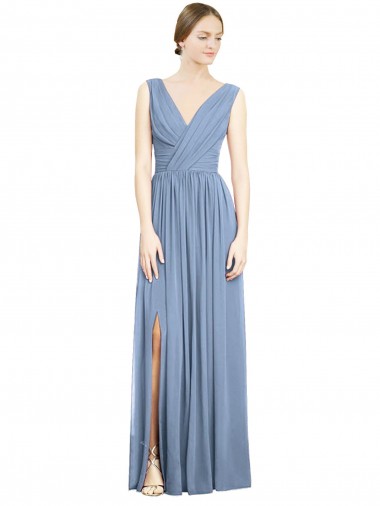 Discount Sleeveless Draped Chiffon Maxi Bridesmaid Dress with Front Slit