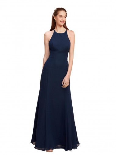Discount High Halter Fit and Flare Long Chiffon Bridesmaid Dress with Criss Cross Low Back
