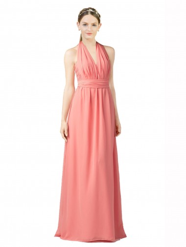 Discount Shirred Bodice Full Length Long Chiffon Bridesmaid Dress
