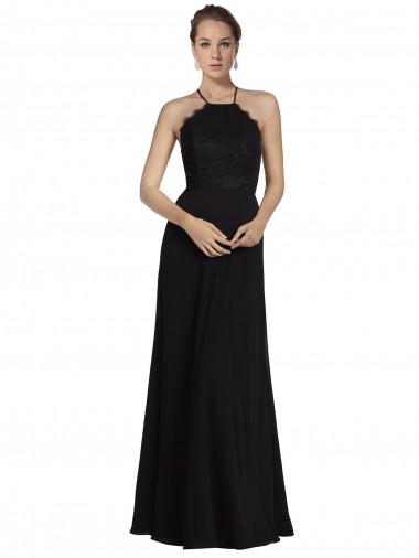 Discount Lace Halter Neckline Chiffon A-Line Bridesmaid Dress with Sheer Back