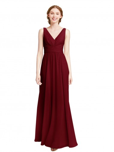 Discount Long Chiffon V-Neck Bridesmaids Dress with Double Strap