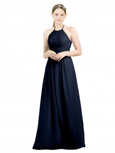 Discount Halter High Neck Long Chiffon Bridesmaid Dress with Open Back