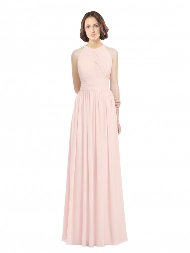 Discount Sleeveless Chiffon High Neck Bridesmaid Dress with Diagonal Pleats