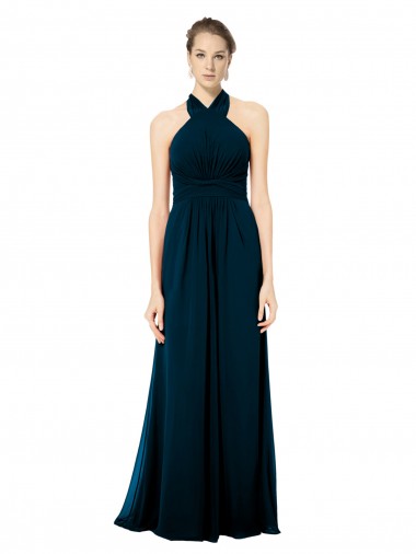 Discount Keyhole Back Long Chiffon Halter Dress with Halter Straps Cross Neck