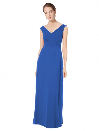Discount Long Chiffon Strapless Bridesmaid Dress with Wide Front and Back V-Neckline