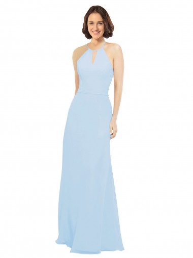 Discount Floor Length Chiffon Bridesmaids Dress with Front Keyhole Neckline