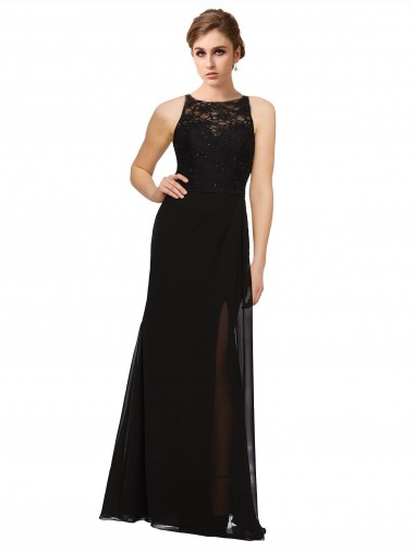 Discount Sheath Beaded and Embroidered Bridesmaids Dress with Lace Bodice and Chiffon Skirt