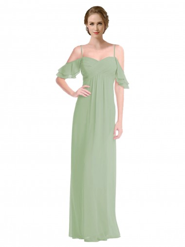 Discount Long Chiffon Off-The-Shoulder Bridesmaid Dress with Double Flounce Sleeves