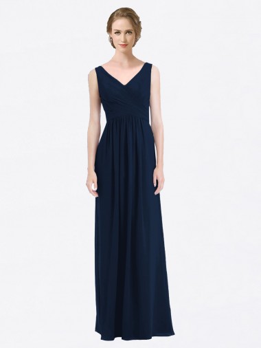 Discount Long Chiffon V-Neck Sleeveless Bridesmaid Dress with Criss-Cross Pleated Bodice