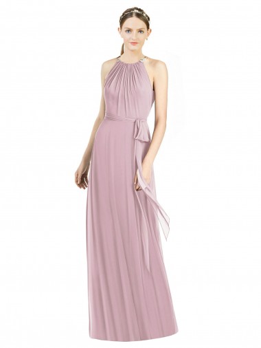 Discount Shirred Halter Neck Long Chiffon Bridesmaid Dress