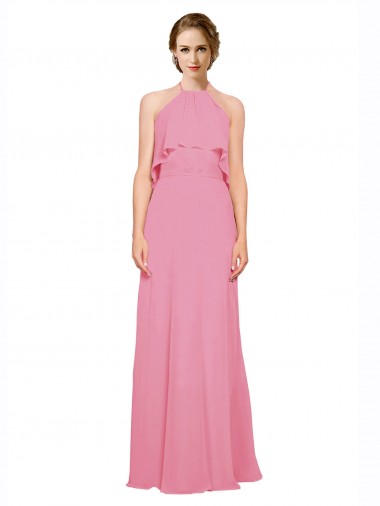 Discount Ruffle Halter Neck A-Line Chiffon Bridesmaid Dress with Open Back
