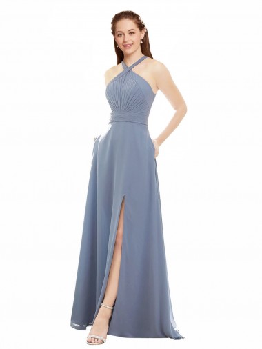 Discount High Neck Chiffon Bridesmaid Dress with Draped Bodice