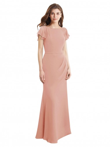 Discount Cap Sleeves Long Chiffon Bridesmaid Dress with Low V-Back