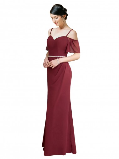 Discount Draped Cold Shoulder Long Chiffon Bridesmaid Dress with Spaghetti Straps