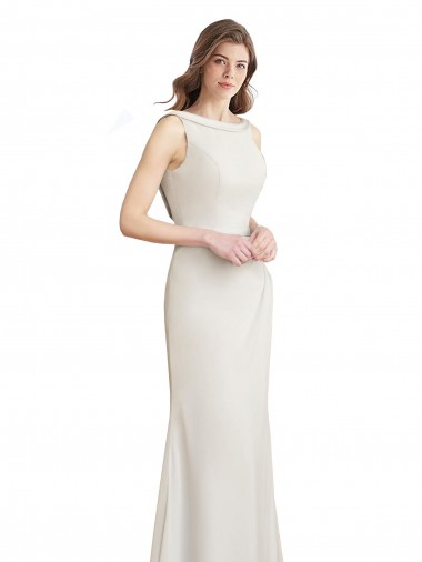 Discount Long Chiffon Bridesmaid Dress with Boat Neckline and Satin Collar