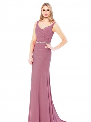 Discount Long Slim Chiffon Bridesmaid Dress with Beaded Waist