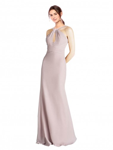 Discount Long Slim Chiffon Bridesmaid Dress with Ruffled Waist and Keyhole