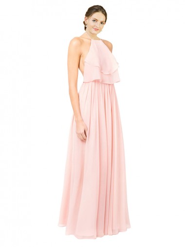 Discount Halter Neck Chiffon Bridesmaid Dress with Double Ruffle Front