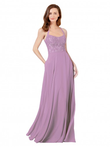 Discount Floral Detailed Chiffon Bridesmaid Dress with Keyhole Back