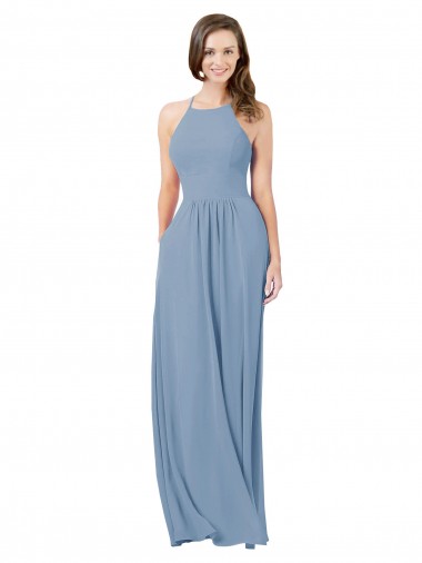 Discount Chiffon Bridesmaid Dress with High Halter Neckline