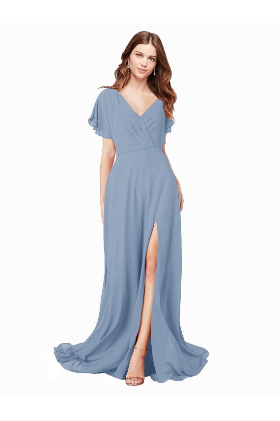 Chiffon Bridesmaid Dress with Flutter Sleeves and Front Slit