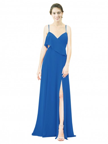 Discount Spaghetti Strap Chiffon Bridesmaids Dress with Asymmetrical Ruffle and Front Slit