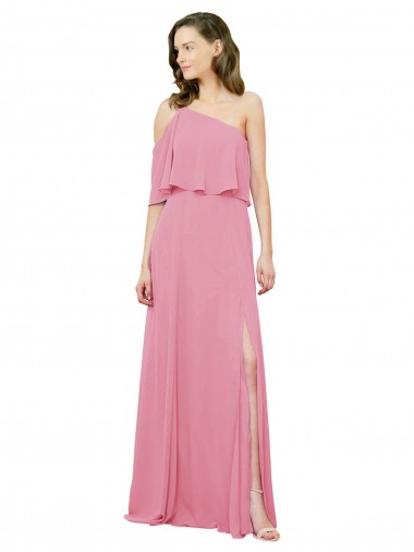 Discount Sleeved One Shoulder Chiffon Bridesmaids Dress with Draped Ruffle Overlay