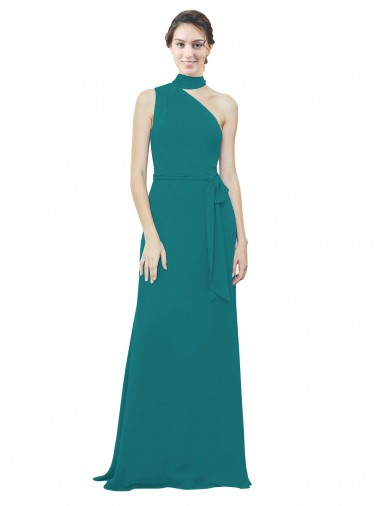 Discount One Shoulder Chiffon Bridesmaids Dress with Scarf Tie Neckline