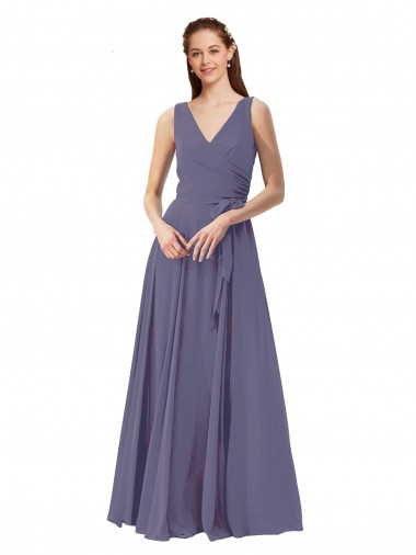 Discount V-Neck Long Draped A-Line Chiffon Bridesmaid Dress