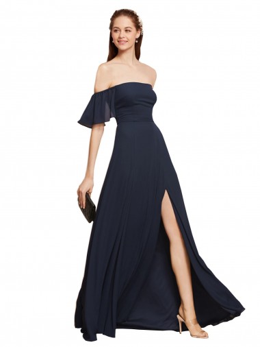 Discount Off the Shoulder Floaty Sleeves Chiffon Bridesmaid Dress with High Slit