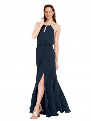 Discount Grecian Style Halter Chiffon Bridesmaid Dress with Keyhole and Slit