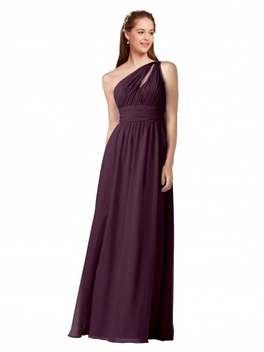 Discount One Shoulder Chiffon Bridesmaid Dress with Front Keyhole and Shirred Bodice