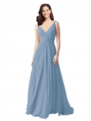 Discount Long Chiffon V-Neck and Self Sash Bridesmaid Dress with Shirred Criss Cross Bodice