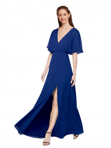 Discount V-Neck Long Chiffon Bridesmaid Dress with Dolman Sleeved Bodice and Slit