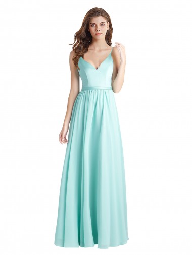 Discount Long V-Neck Chiffon Bridesmaid Dress with Satin Bodice