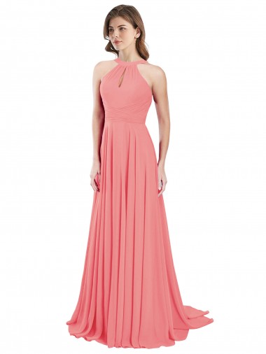 Discount Draped A-Line Chiffon Bridesmaid Dress with Halter Keyhole Neckline
