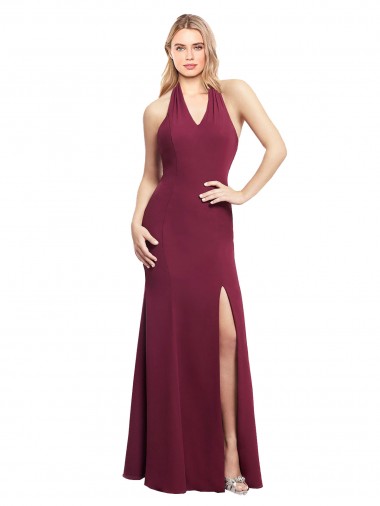 Discount Chiffon Mermaid Bridesmaid Dress with Back Tie Halter Straps and Side Slit