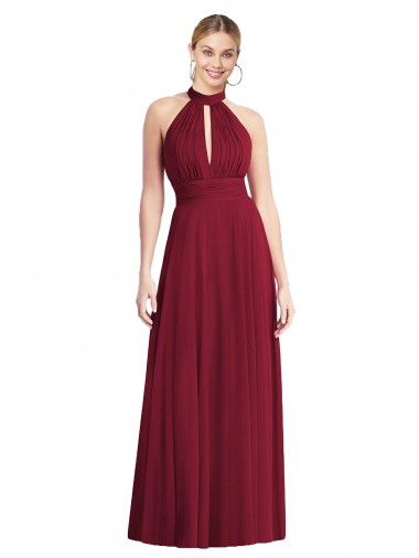 Discount High-Neck Open Back Shirred Halter Maxi Bridesmaid Dress
