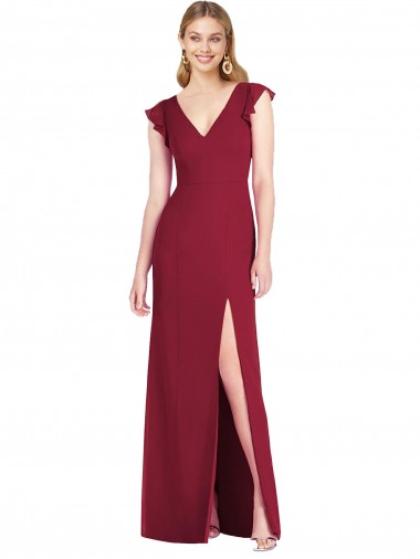 Discount Ruffled Sleeves Mermaid Chiffon Bridesmaid Dress with Front Slit