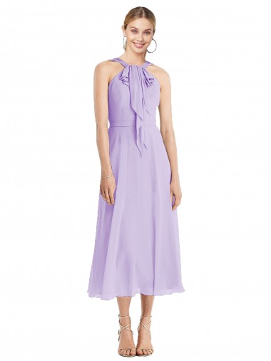 Discount Midi Length Halter Plunging V-Back Chiffon Bridesmaid Dress