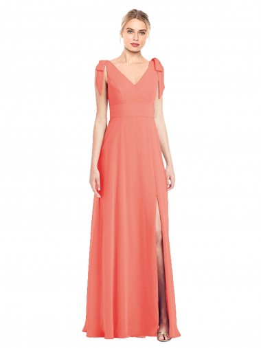 Discount Full Length Bow-Shoulder V-Back Chiffon Bridesmaid Dress with Front Slit