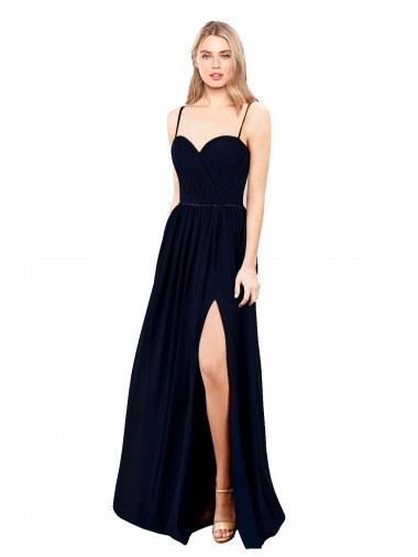 Discount Draped A-Line Chiffon Bridesmaid Dress with Spaghetti Straps and High Slit