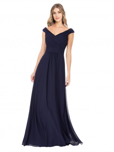 Discount Off the Shoulder Classic Chiffon Bridesmaid Dress with Draped Bodice