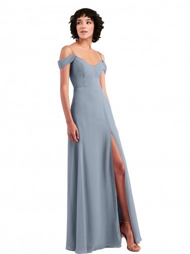 Discount Off the Shoulder Folded Sleeve Long Chiffon Bridesmaid Dress with High Side Slit
