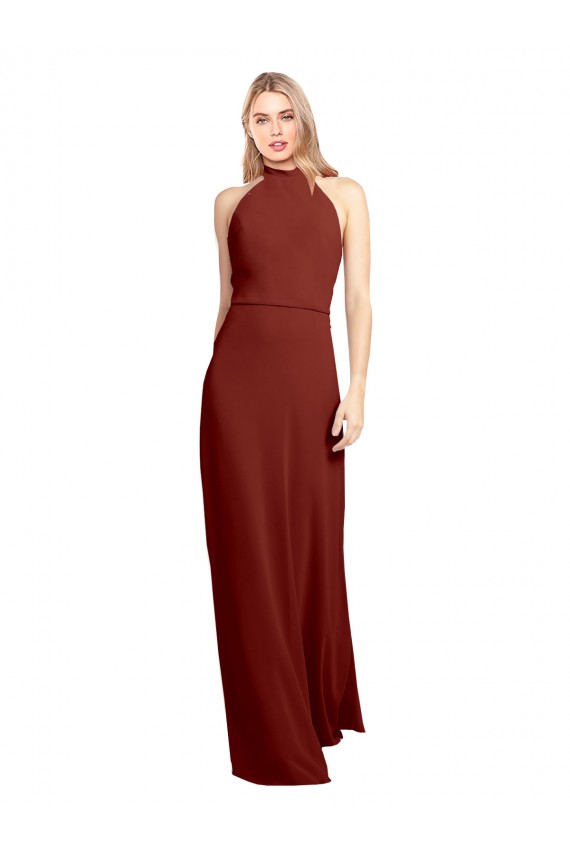 Slim High Neck Halter Fitted Open Back Chiffon Bridesmaid Dress