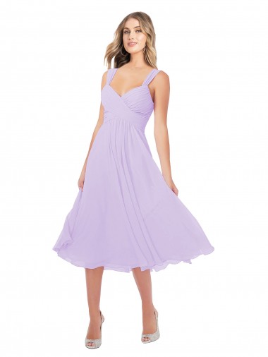 Discount Draped Midi Length Chiffon Bridesmaid Dress with Ruched Bodice