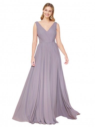 Discount Draped Floor Length High Neck V-Back Chiffon Bridesmaid Dress with Shirred Bodice