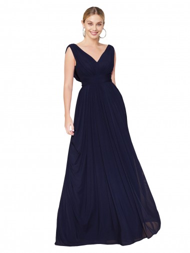 Discount Draped Long V-Neck Floor Length Chiffon Bridesmaid Dress
